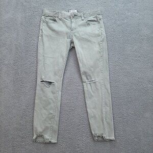 Free People Jean Capris 27 Stretch Light Green Raw Hem Torn 5-Pocket Mid-Rise